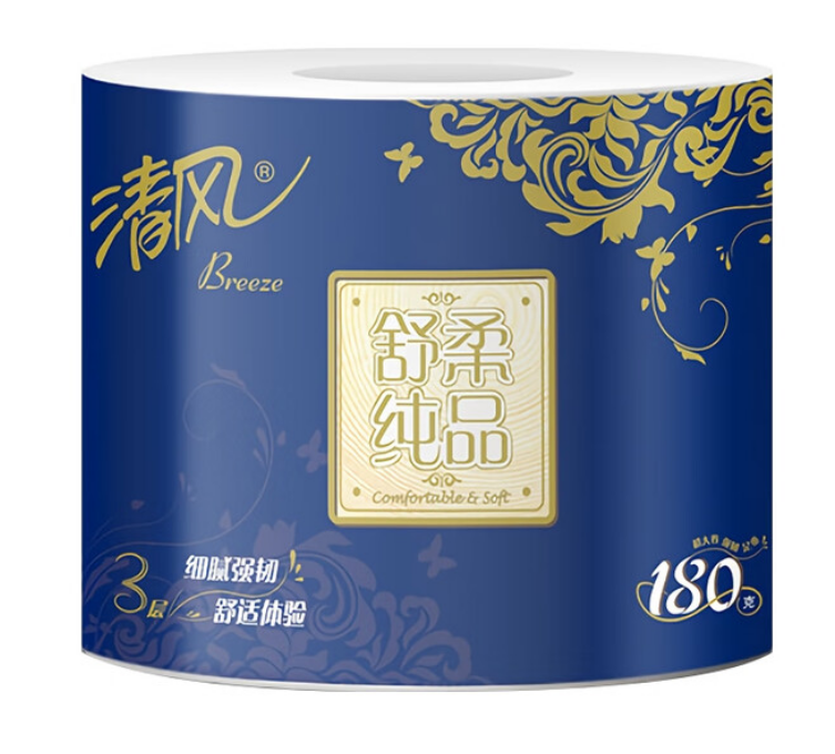 清风舒柔纯品3层平纹180g卷筒卫生纸